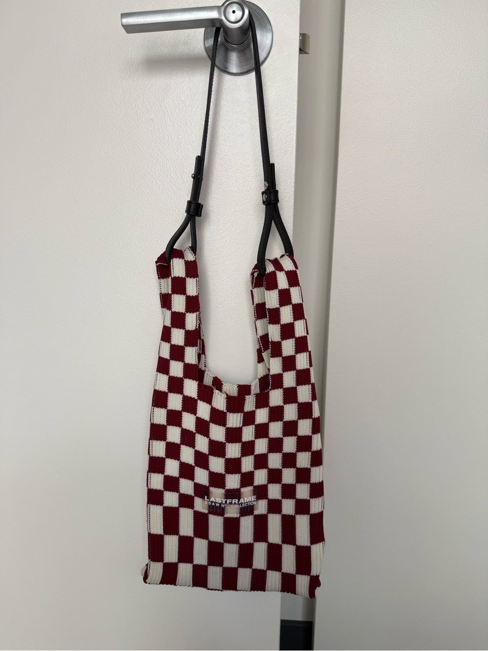 LASTFRAME Ichimatsu Market Small Tote Bag burgundy and white